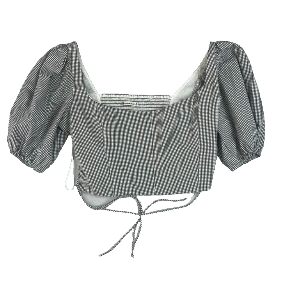 Abercrombie & Fitch Top XL Lace-Up Poplin Corset Scoop Neck Grey Check Balloon